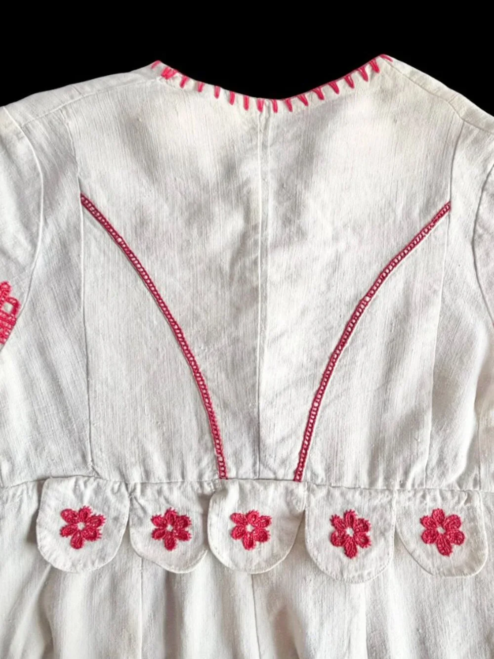 Vintage White Linen Handmade Embroidered Hungarian Folk Style Dress
